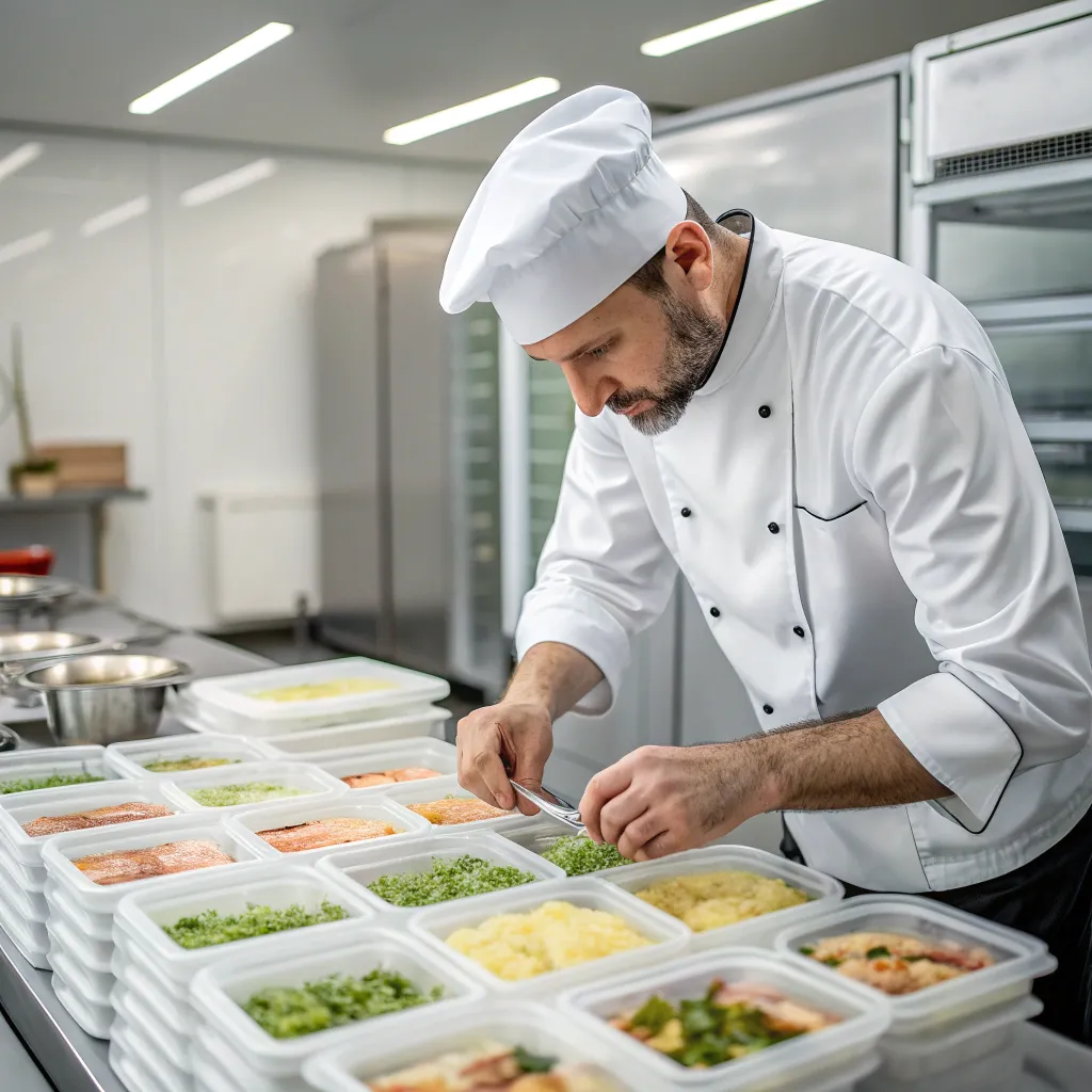 Professional chef preparing frozen meals
