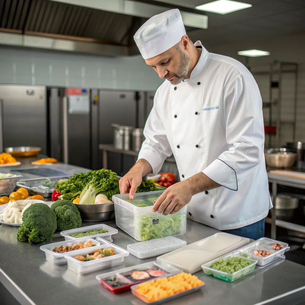 Chef demonstrating frozen meal preparation